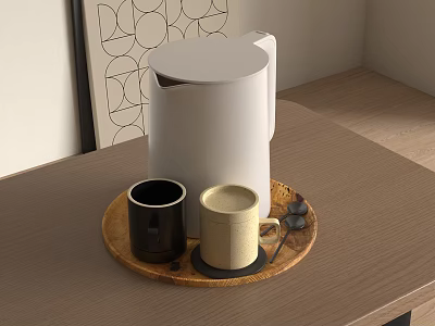 Wooden Tabletop Setup With White Electric Kettle Two Mugs Wooden Tray And Geometric Wall Art 3d model