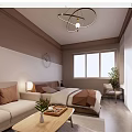 Cozy Apartment Interior Featuring Sofa Bed Wooden Coffee Table Pendant Light And Green Plant