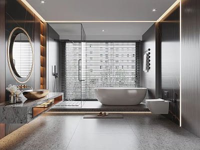 Modern Bathroom Interior Design With Freestanding Bathtub Round Mirror And Marble Countertop 3d model