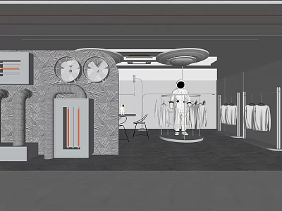 Modern Clothing Store Interior With Mannequin Hanging Clothes And Wall Clocks 3d model
