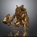 Golden Horned Fantasy Creature Character Holding Large Hammer With Sharp Claws And Metallic Texture
