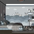 Kids Room Interior With Cloud Animal Wall Art Bed Bookshelf Desk And Cloud Ceiling Light