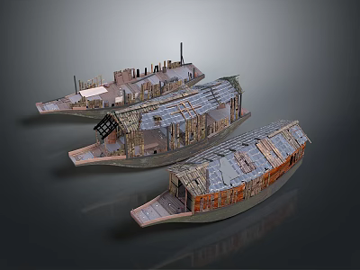 Three Worn Out Ship Models With Damaged Wooden Structures And Metal Decks 3d model