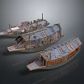 Three Worn Out Ship Models With Damaged Wooden Structures And Metal Decks