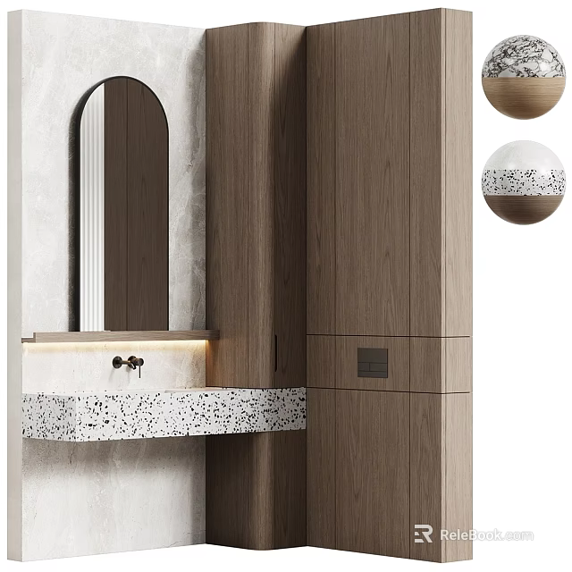 Modern Wooden Bathroom Cabinet Rack With Terrazzo Countertop And Arched Mirror 3d model 