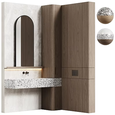 Modern Wooden Bathroom Cabinet Rack With Terrazzo Countertop And Arched Mirror 3d model