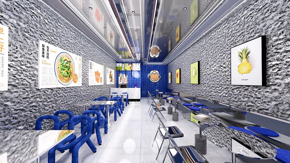 Modern Restaurant Interior With Blue Tables Chairs Stone Walls And Food Posters 3d model 