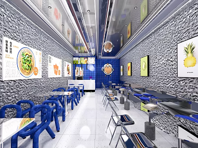 Modern Restaurant Interior With Blue Tables Chairs Stone Walls And Food Posters 3d model