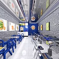 Modern Restaurant Interior With Blue Tables Chairs Stone Walls And Food Posters