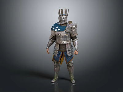 Medieval Warrior Character In Silver Armor With Spiked Helmet And Blue Decorations 3d model