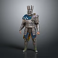 Medieval Warrior Character In Silver Armor With Spiked Helmet And Blue Decorations
