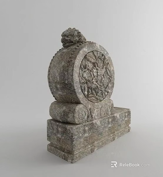 Traditional Round Stone Garden Ornament With Intricate Carved Patterns And Textured Base 3d model 