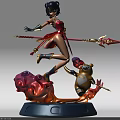Anime Female Figure With Red Outfit and Spear Yellow Bear Companion on Cloud Flame Base