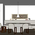 Minimalist Restaurant Interior With White Cabinets Dining Table Wooden Chairs Bench And Pendant Light 3d model