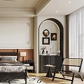 Modern Elegant Bedroom With Bed Pillows Round Pendant Light Black White Pattern Rug Arched Doorway