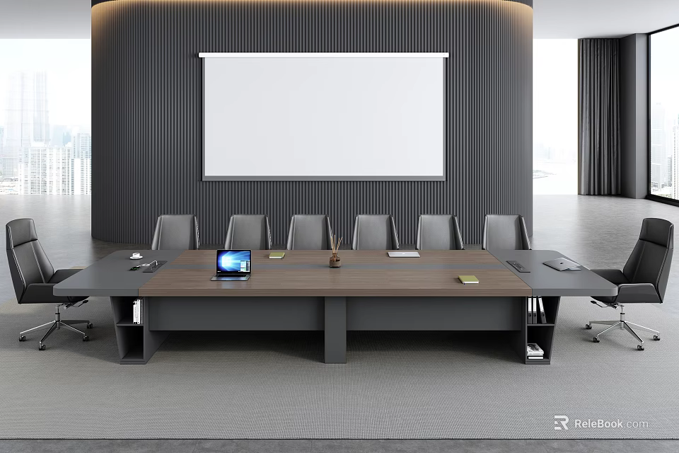 Modern Conference Room Interior Setup With Large Long Table Projection Screen And Comfortable Chairs 3d model 