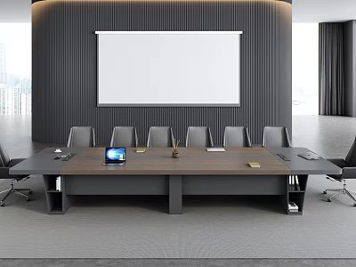 Modern Conference Room Interior Setup With Large Long Table Projection Screen And Comfortable Chairs 3d model