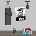 Sports Equipment Setup With Hanging Punching Bag Boxing Gloves Kettlebell Helmet And Sports Bag