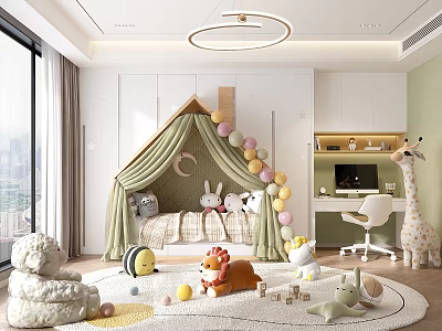 Kids Room With Tented Bed Stuffed Toys Colorful Balloons Rug Desk Chair And Window View 3d model