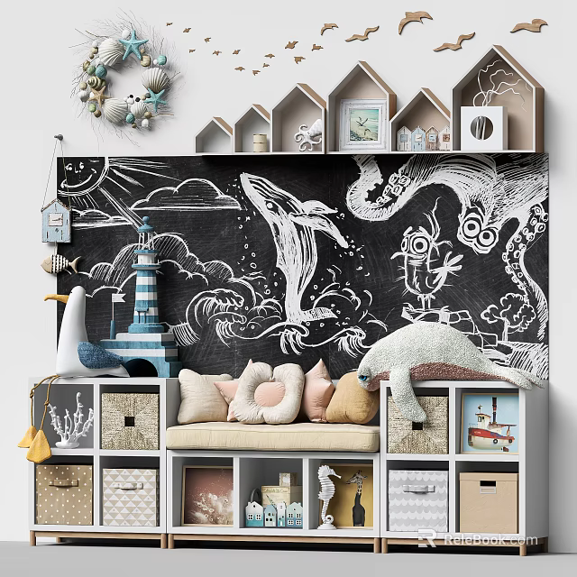 Entryway Cabinet Sideboard With Chalkboard Wall Whale Octopus Art House Shelves Bench Cushions Woven Baskets 3d model 