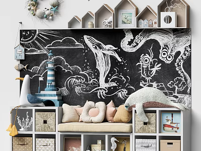Entryway Cabinet Sideboard With Chalkboard Wall Whale Octopus Art House Shelves Bench Cushions Woven Baskets 3d model