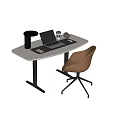 Modern Minimalist Home Office Desk With Laptop Coffee Cup Desk Lamp And Beige Chair