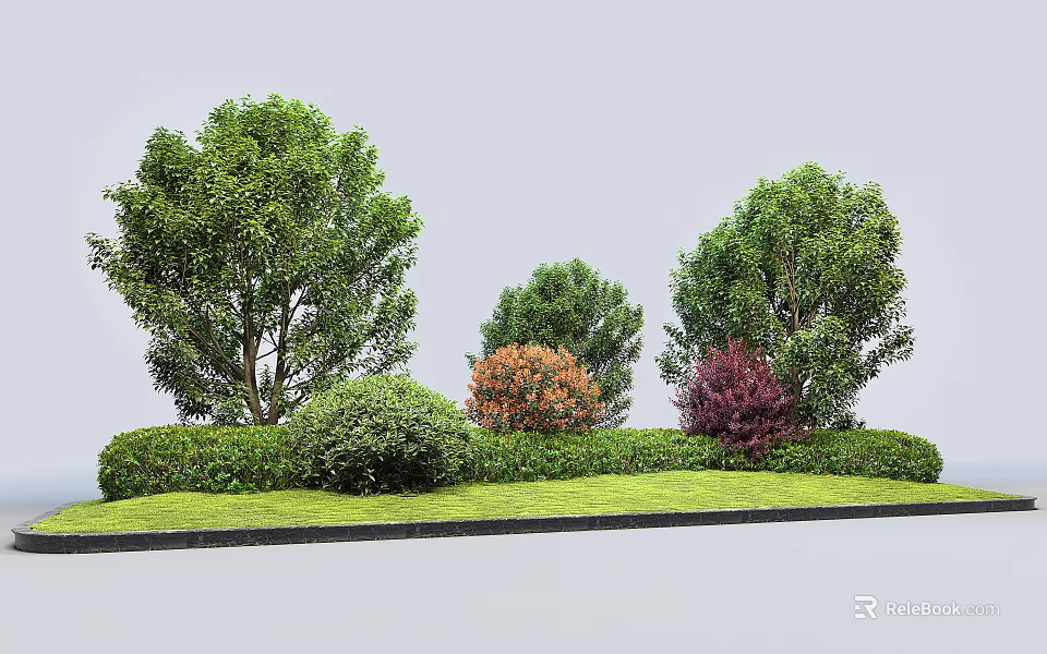 Colorful Garden Shrubs of Various Sizes with Well Trimmed Hedge and Green Lawn 3d model 