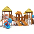 Wooden Playground Equipment With Thatched Roof Playhouse Slide And Climbing Frames
