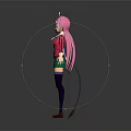Game Anime Character With Pink Long Hair Red Jacket Green Plaid Skirt And Black Thigh High Socks Design