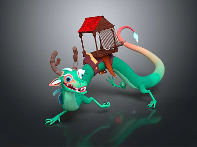 Colorful Horned Green Dragon Carrying Rider With Red Roof Pavilion On Back 3d model