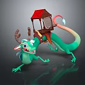 Colorful Horned Green Dragon Carrying Rider With Red Roof Pavilion On Back