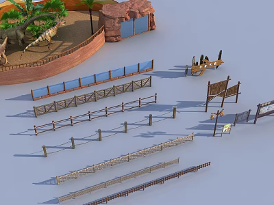 Dinosaur Themed Park Scene With Rocky Hills Wooden Fences And Jungle Elements 3d model