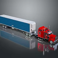 Red Cab Blue Trailer Freight Truck 3D Rendering With Reflective Surface On Dark Background