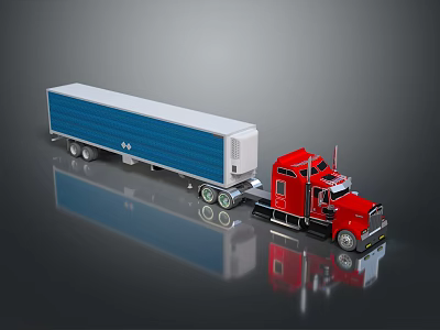 Red Cab Blue Trailer Freight Truck 3D Rendering With Reflective Surface On Dark Background 3d model