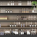 Assorted Wine Bottles and Glasses Arranged on Multiple Shelves with Various Sizes and Styles 3d model