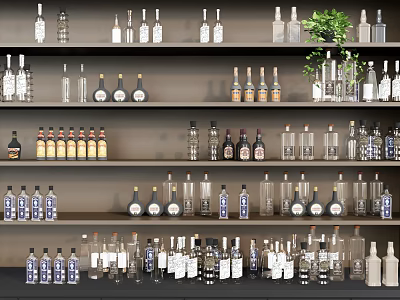 Assorted Wine Bottles and Glasses Arranged on Multiple Shelves with Various Sizes and Styles 3d model