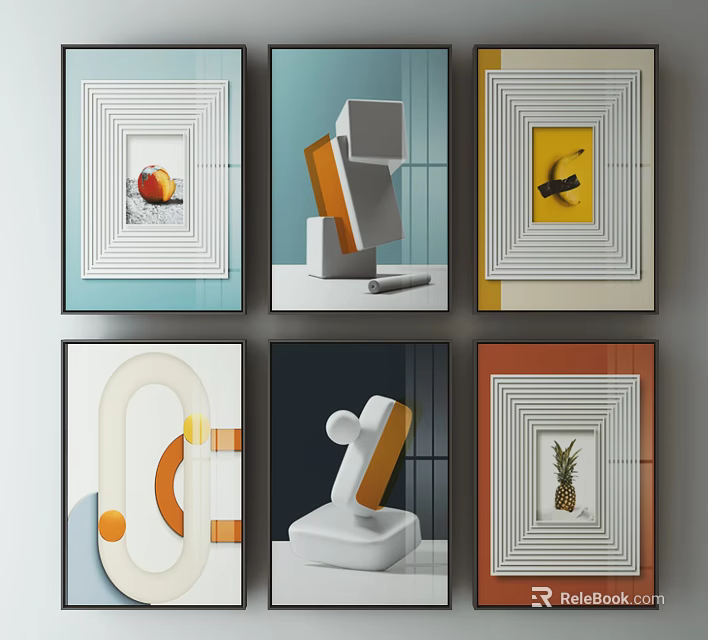 Modern Decorative Artworks With Geometric Shapes And Fruit Elements In Colorful Frames 3d model