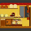 Cartoon Style Bakery Shop Interior With Fruits Bread Display Case And Yellow Red Cabinets
