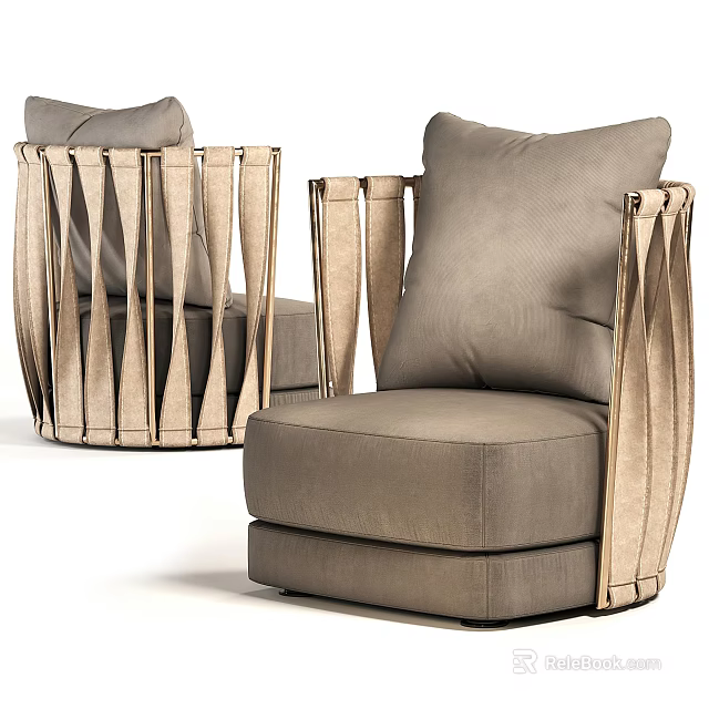 Elegant Modern Single Sofa With Ribbed Metallic Frame And Gray Fabric Cushion 3d model