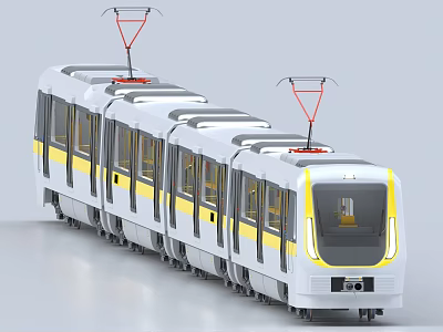Modern White Metro Train With Yellow Stripes Multiple Carriages And Pantographs 3d model