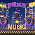 Neon Lit Music Festival Stage With Decorative Elements And Music Symbols