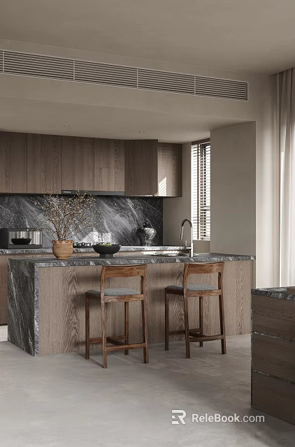 Modern Kitchen With Wooden Cabinets Marble Island Counter Bar Stools And Natural Light 3d model 