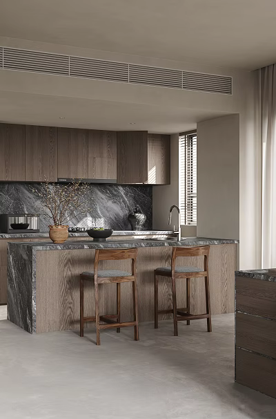 Modern Kitchen With Wooden Cabinets Marble Island Counter Bar Stools And Natural Light 3d model