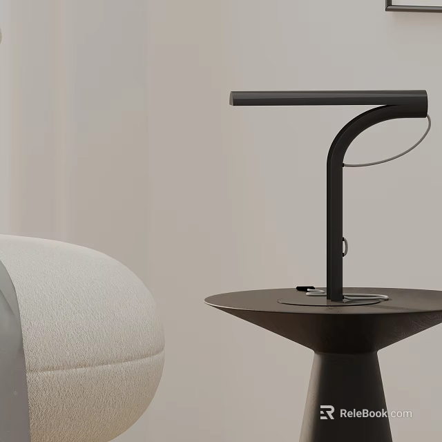 Modern Sleek Black Metal Table Lamp With Curved Arm Placed On Round Small Table 3d model 