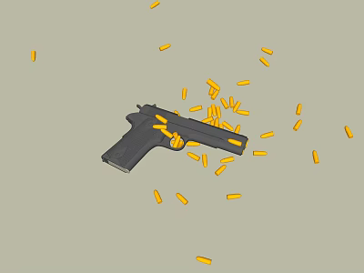 Black Pistol With Scattered Yellow Bullet Casings On Gray Background 3d model