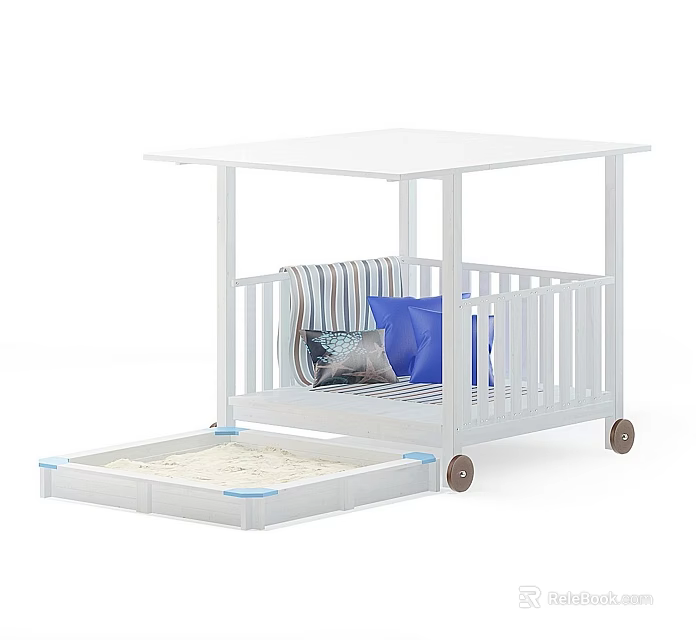 White Garden Play Structure With Canopy Sandbox Striped Cushion Blue Pillow And Wheels 3d model 