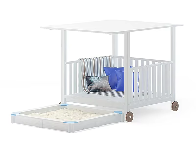 White Garden Play Structure With Canopy Sandbox Striped Cushion Blue Pillow And Wheels 3d model