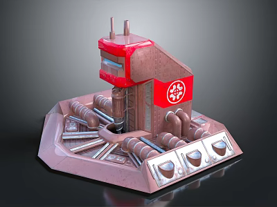 3D Industrial Facility Model With Red Structure Emblem Pipes And Platform Base 3d model