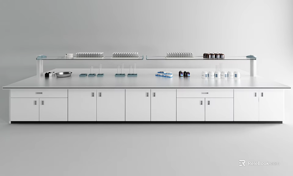Modern Laboratory Workbench With White Cabinets Lab Equipment And Glass Shelves 3d model 