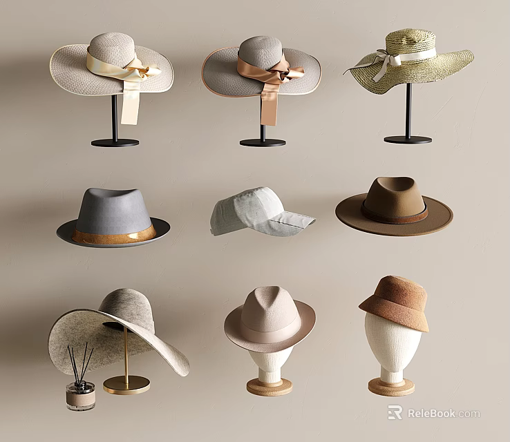 Stylish Hats In Various Styles Wide Brimmed Straw Felt With Ribbons On Display Stands 3d model 